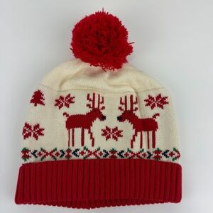 Kids Hanna Andersson Knit Pom Beanie Reindeer Nordic Holiday Hat Red Cream sz L